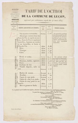 Luçon Impr. Ferru Ministère des finances. Département de la Vendée. Octroi de Luçon. Tarif de l'octroi de la commune de Luçon, 17 mars 1834.